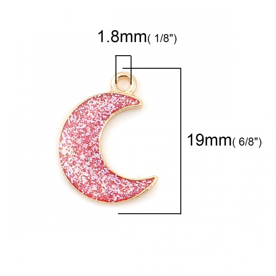 Picture of Zinc Based Alloy Galaxy Charms Half Moon Gold Plated Pink Glitter Enamel 19mm( 6/8") x 15mm( 5/8"), 20 PCs