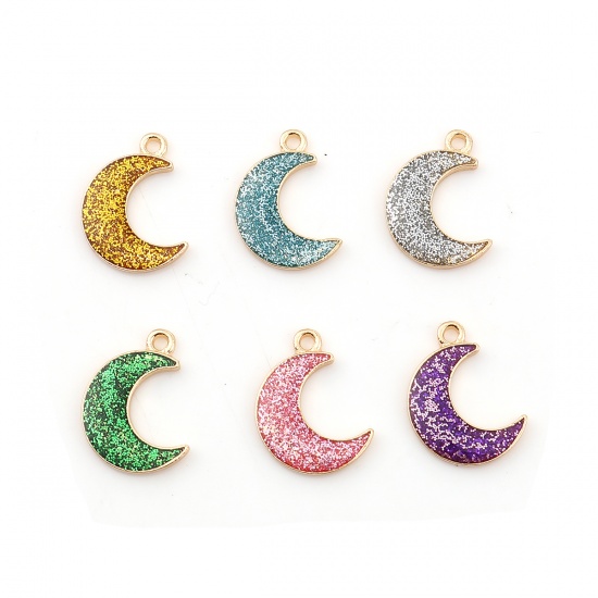Picture of Zinc Based Alloy Galaxy Charms Half Moon Gold Plated Pink Glitter Enamel 19mm( 6/8") x 15mm( 5/8"), 20 PCs