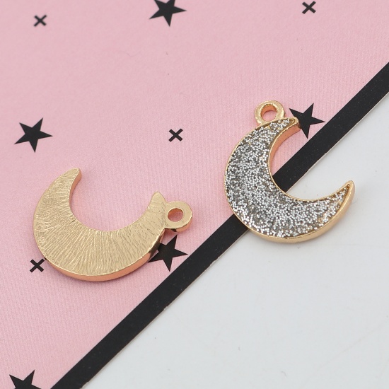 Picture of Zinc Based Alloy Galaxy Charms Half Moon Gold Plated Silver Glitter Enamel 19mm( 6/8") x 15mm( 5/8"), 20 PCs