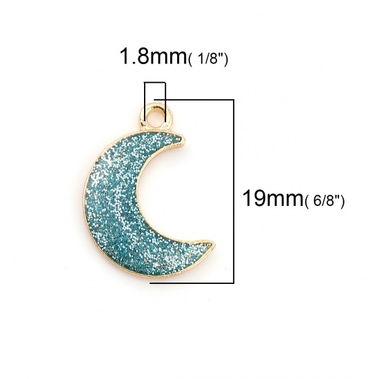 Picture of Zinc Based Alloy Galaxy Charms Half Moon Gold Plated Light Blue Glitter Enamel 19mm( 6/8") x 15mm( 5/8"), 20 PCs