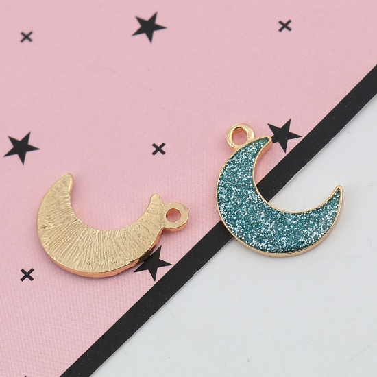 Picture of Zinc Based Alloy Galaxy Charms Half Moon Gold Plated Light Blue Glitter Enamel 19mm( 6/8") x 15mm( 5/8"), 20 PCs