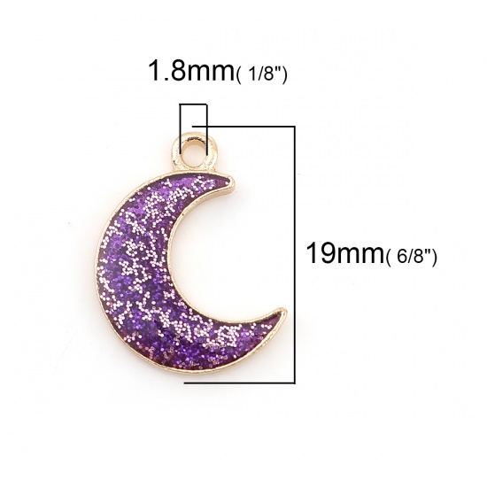Picture of Zinc Based Alloy Galaxy Charms Half Moon Gold Plated Purple Glitter Enamel 19mm( 6/8") x 15mm( 5/8"), 20 PCs