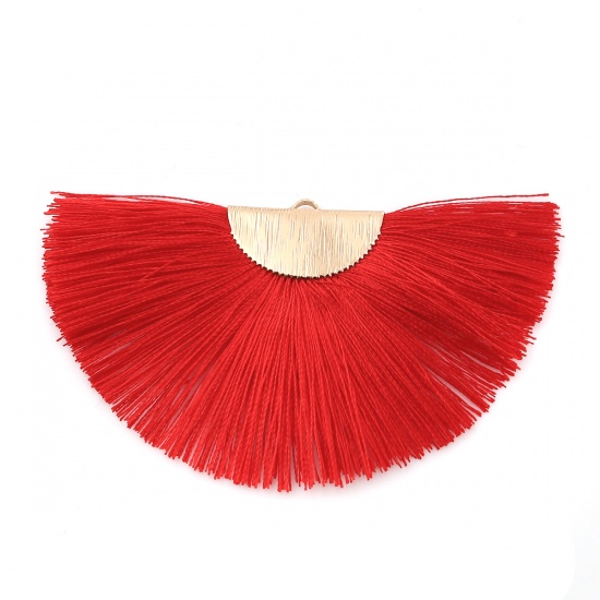 Picture of Polyester Tassel Pendants Half Round Gold Plated Red 80mm(3 1/8") x 47mm(1 7/8"), 2 PCs