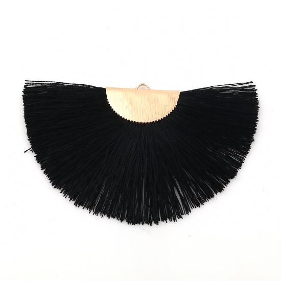 Picture of Polyester Tassel Pendants Half Round Gold Plated Black 80mm(3 1/8") x 47mm(1 7/8"), 2 PCs