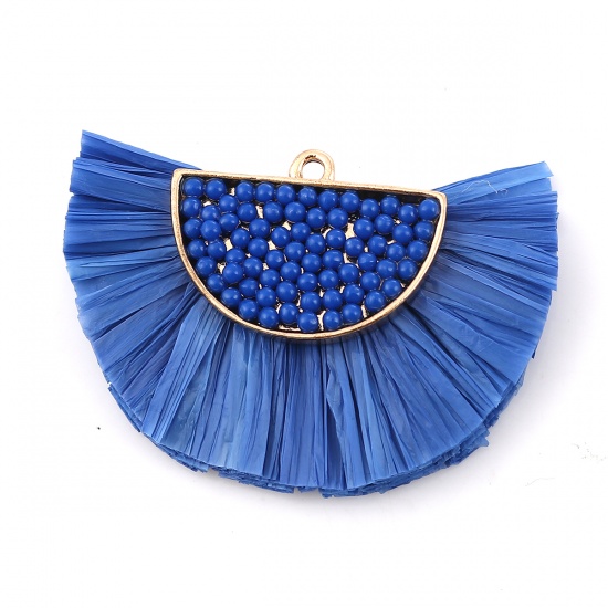 Picture of Raffia Seed Beads Tassel Pendants Half Round Gold Plated Deep Blue 46mm(1 6/8") x 33mm(1 2/8"), 1 Piece