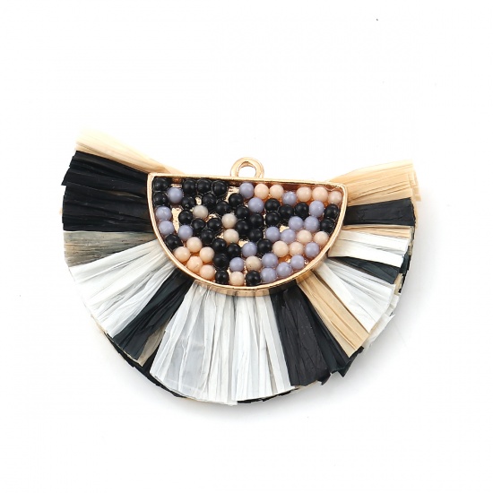 Picture of Raffia Seed Beads Tassel Pendants Half Round Gold Plated Black & White 46mm(1 6/8") x 33mm(1 2/8"), 1 Piece