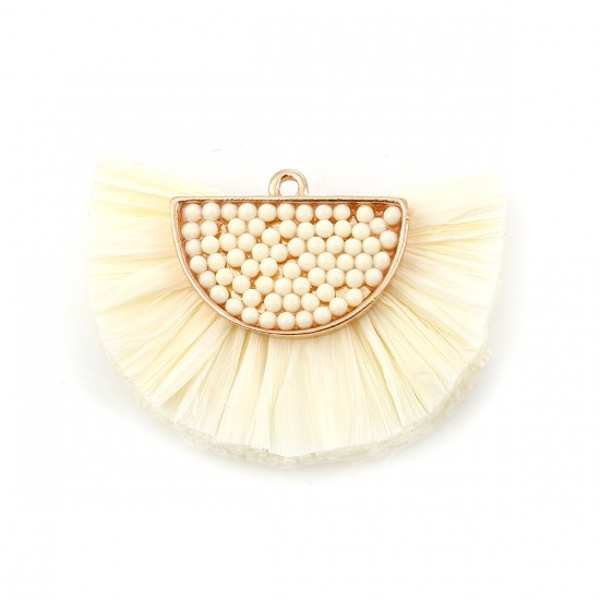 Picture of Raffia Seed Beads Tassel Pendants Half Round Gold Plated Creamy-White 46mm(1 6/8") x 33mm(1 2/8"), 1 Piece