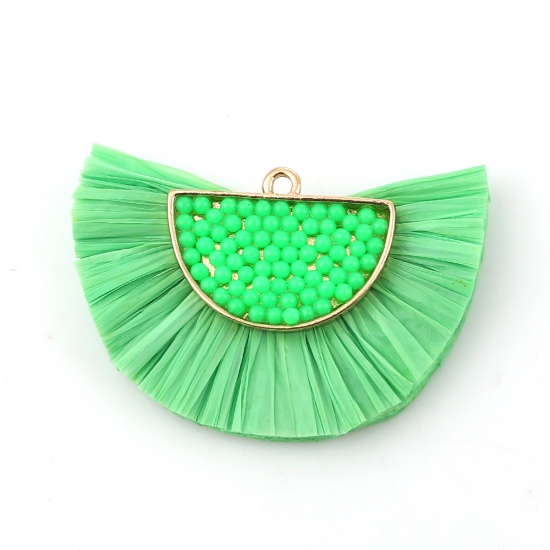 Picture of Raffia Seed Beads Tassel Pendants Half Round Gold Plated Green 46mm(1 6/8") x 33mm(1 2/8"), 1 Piece