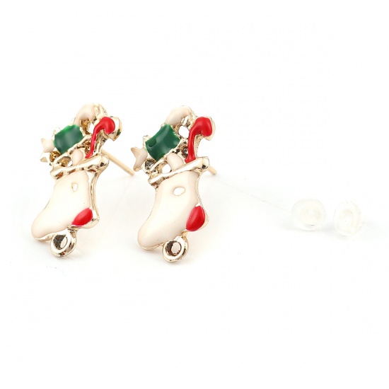 Picture of Zinc Based Alloy Ear Post Stud Earrings Findings Gold Plated White & Red Enamel Christmas Stocking W/ Loop 21mm x 11mm, Post/ Wire Size: (21 gauge), 10 PCs