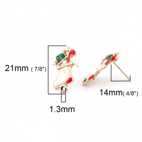 Picture of Zinc Based Alloy Ear Post Stud Earrings Findings Gold Plated White & Red Enamel Christmas Stocking W/ Loop 21mm x 11mm, Post/ Wire Size: (21 gauge), 10 PCs