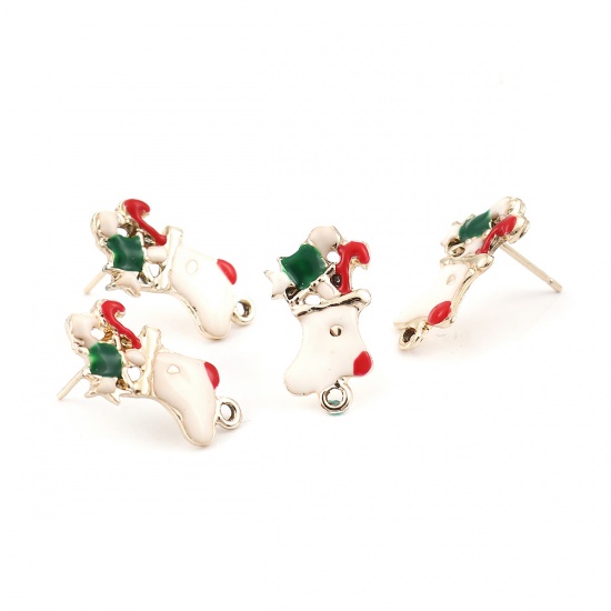 Picture of Zinc Based Alloy Ear Post Stud Earrings Findings Gold Plated White & Red Enamel Christmas Stocking W/ Loop 21mm x 11mm, Post/ Wire Size: (21 gauge), 10 PCs