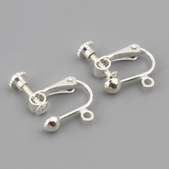 Picture of Brass Non Pierced Screw Back Clips Earrings Silver Plated W/ Loop 18mm x 16mm, 10 PCs                                                                                                                                                                         