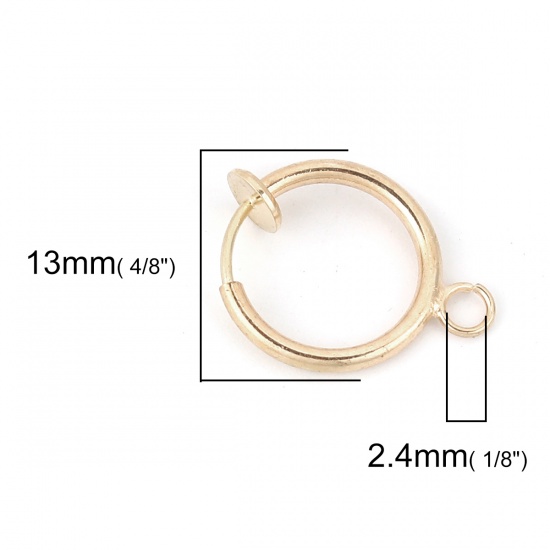 Picture of Brass Ear Clips Earrings Gold Plated Round W/ Loop 17mm( 5/8") x 13mm( 4/8"), Post/ Wire Size: (21 gauge), 6 PCs                                                                                                                                              