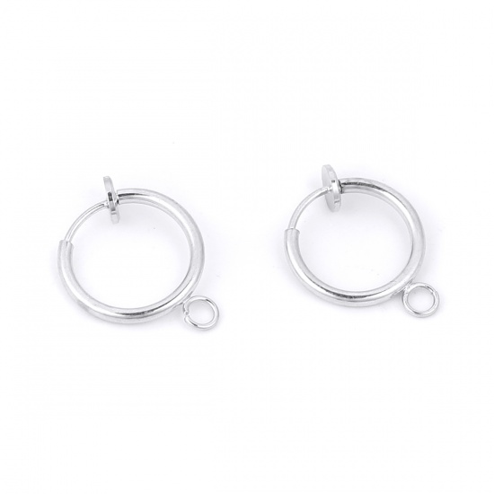 Picture of Brass Ear Clips Earrings Silver Tone Round W/ Loop 17mm( 5/8") x 13mm( 4/8"), Post/ Wire Size: (21 gauge), 6 PCs                                                                                                                                              
