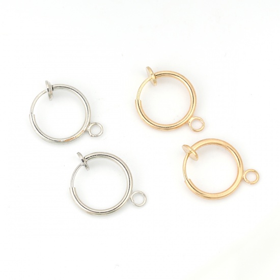 Picture of Brass Ear Clips Earrings Silver Tone Round W/ Loop 17mm( 5/8") x 13mm( 4/8"), Post/ Wire Size: (21 gauge), 6 PCs                                                                                                                                              