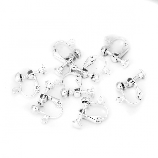 Picture of Brass Screw Back Clips Earrings Silver Plated W/ Loop 18mm( 6/8") x 13mm( 4/8"), 10 PCs                                                                                                                                                                       