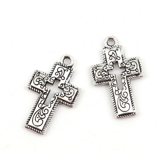Picture of Zinc Based Alloy Charms Cross Antique Silver Color 23mm( 7/8") x 14mm( 4/8"), 50 PCs
