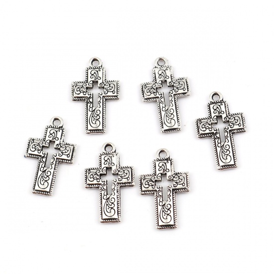 Picture of Zinc Based Alloy Charms Cross Antique Silver Color 23mm( 7/8") x 14mm( 4/8"), 50 PCs