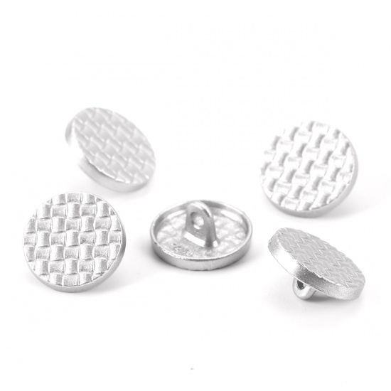 Picture of Zinc Based Alloy Metal Sewing Buttons Single Hole Round Silver Tone Grid Checker Carved 15mm( 5/8") Dia, 10 PCs