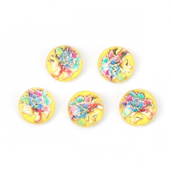 Picture of Acrylic Dome Seals Cabochon Round Yellow Flower Pattern 10mm( 3/8") Dia, 200 PCs
