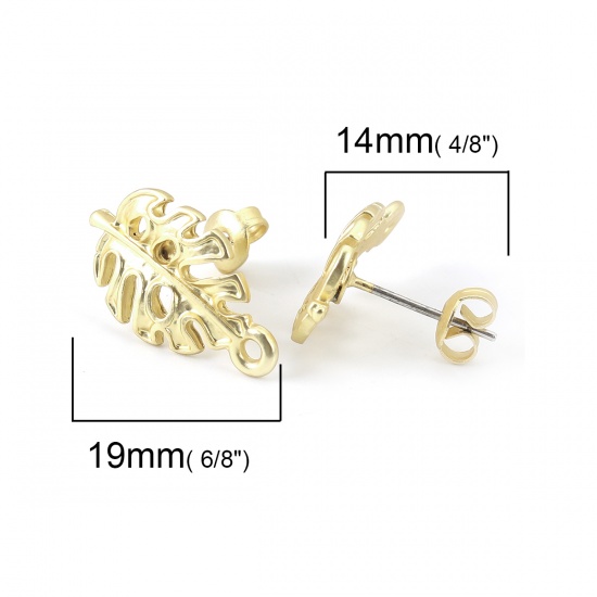 Picture of Zinc Based Alloy Ear Post Stud Earrings Findings Leaf Matt Gold W/ Loop 19mm x 11mm, Post/ Wire Size: (21 gauge), 10 PCs