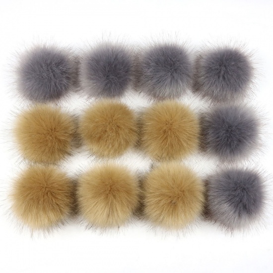 Picture of Pom Pom Balls Imitation Fox Fur Gray & Khaki Round With Ring 8cm(3 1/8") Dia., 1 Packet (12 PCs/Packet)