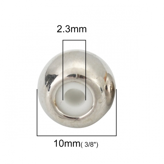 Picture of Brass Slider Clasp Beads Round 18K Real Platinum Plated With Adjustable Silicone Core 10mm( 3/8") Dia., Hole: 2.3mm, 5 PCs