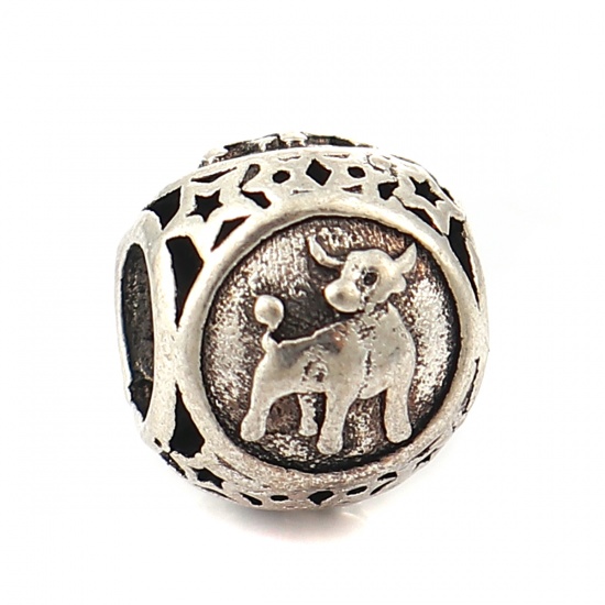 Picture of Zinc Based Alloy European Style Large Hole Charm Beads Round Antique Silver Taurus Sign Of Zodiac Constellations About 11mm( 3/8") Dia, Hole: Approx 5mm, 10 PCs