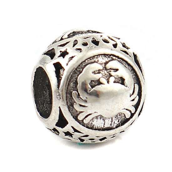 Picture of Zinc Based Alloy European Style Large Hole Charm Beads Round Antique Silver Cancer Sign Of Zodiac Constellations About 11mm( 3/8") Dia, Hole: Approx 5mm, 10 PCs