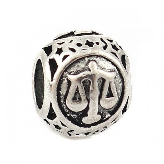 Picture of Zinc Based Alloy European Style Large Hole Charm Beads Round Antique Silver Libra Sign Of Zodiac Constellations About 11mm( 3/8") Dia, Hole: Approx 5mm, 10 PCs