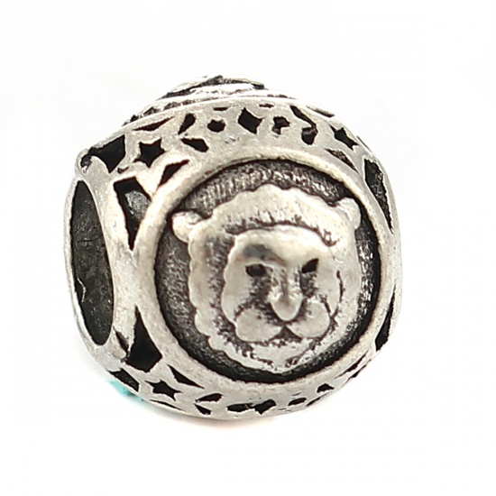 Picture of Zinc Based Alloy European Style Large Hole Charm Beads Round Antique Silver Leo Sign Of Zodiac Constellations About 11mm( 3/8") Dia, Hole: Approx 5mm, 10 PCs