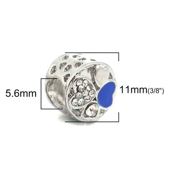 Picture of Zinc Based Alloy European Style Large Hole Charm Beads Cylinder Silver Tone Heart Blue Enamel Clear Rhinestone About 11mm( 3/8") Dia, Hole: Approx 5.6mm, 3 PCs