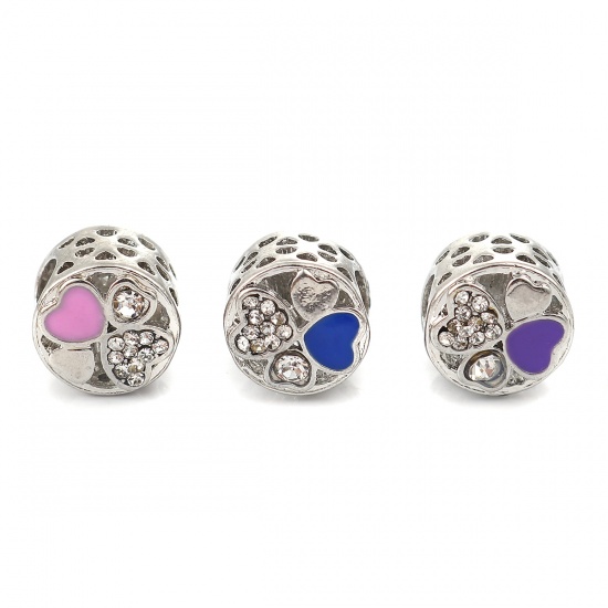 Picture of Zinc Based Alloy European Style Large Hole Charm Beads Cylinder Silver Tone Heart Blue Enamel Clear Rhinestone About 11mm( 3/8") Dia, Hole: Approx 5.6mm, 3 PCs