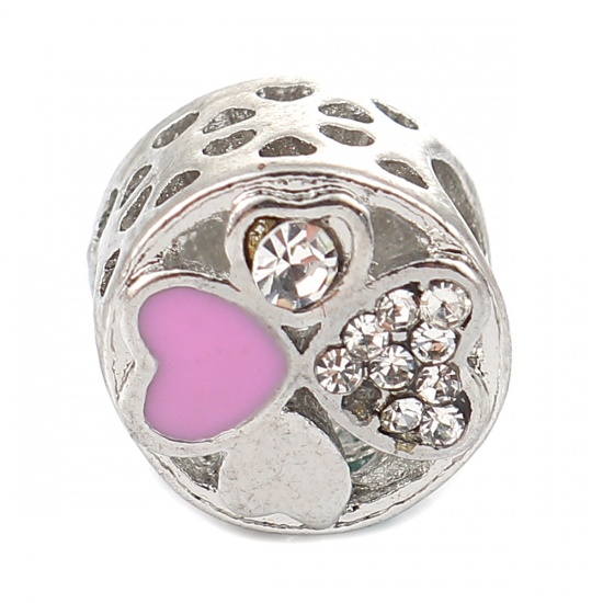 Picture of Zinc Based Alloy European Style Large Hole Charm Beads Cylinder Silver Tone Heart Pink Enamel Clear Rhinestone About 11mm( 3/8") Dia, Hole: Approx 5.6mm, 3 PCs
