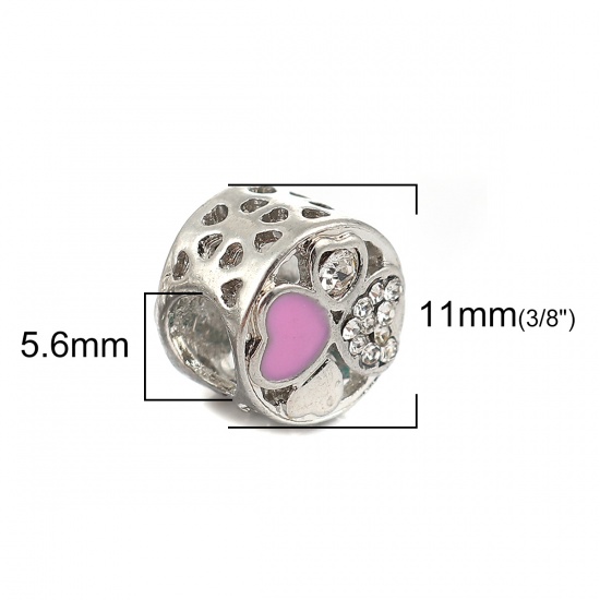 Picture of Zinc Based Alloy European Style Large Hole Charm Beads Cylinder Silver Tone Heart Pink Enamel Clear Rhinestone About 11mm( 3/8") Dia, Hole: Approx 5.6mm, 3 PCs