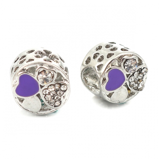 Picture of Zinc Based Alloy European Style Large Hole Charm Beads Cylinder Silver Tone Heart Purple Enamel Clear Rhinestone About 11mm( 3/8") Dia, Hole: Approx 5.6mm, 3 PCs