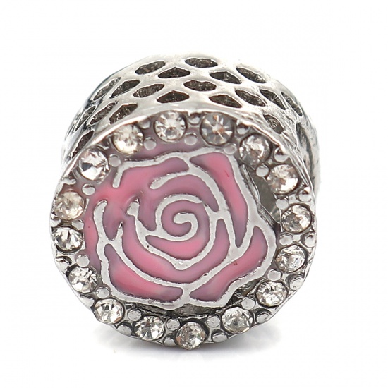 Picture of Zinc Based Alloy European Style Large Hole Charm Beads Cylinder Silver Tone Rose Flower Pink Enamel Clear Rhinestone About 12mm( 4/8") Dia, Hole: Approx 5.6mm, 3 PCs