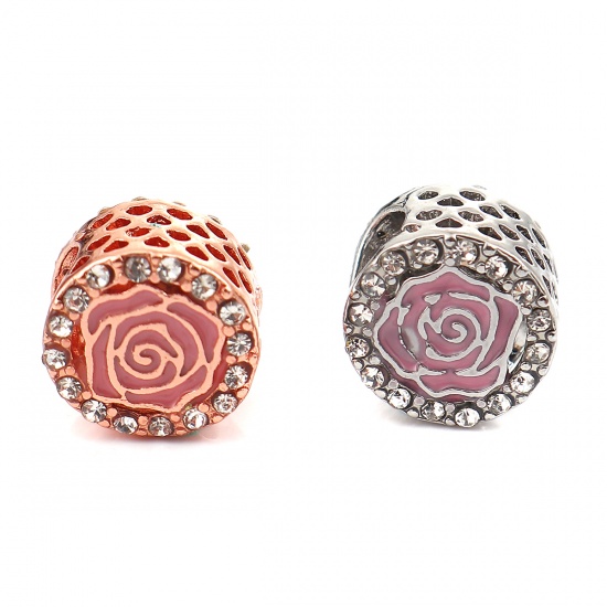 Picture of Zinc Based Alloy European Style Large Hole Charm Beads Cylinder Silver Tone Rose Flower Pink Enamel Clear Rhinestone About 12mm( 4/8") Dia, Hole: Approx 5.6mm, 3 PCs