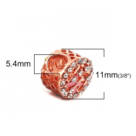 Picture of Zinc Based Alloy European Style Large Hole Charm Beads Cylinder Rose Gold Butterfly Pink Enamel Clear Rhinestone About 11mm( 3/8") Dia, Hole: Approx 4.5mm, 3 PCs