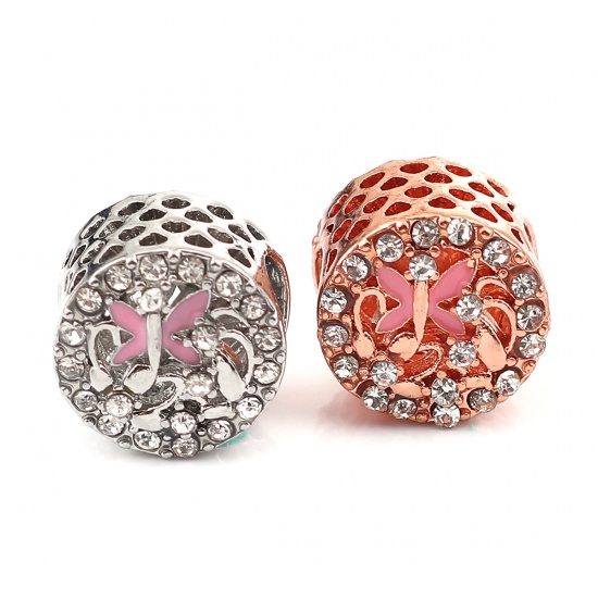 Picture of Zinc Based Alloy European Style Large Hole Charm Beads Cylinder Rose Gold Butterfly Pink Enamel Clear Rhinestone About 11mm( 3/8") Dia, Hole: Approx 4.5mm, 3 PCs