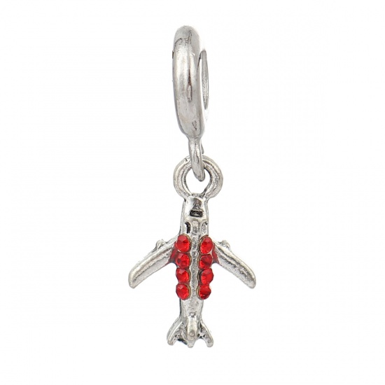 Picture of Zinc Based Alloy European Style Large Hole Charm Dangle Beads Airplane Antique Silver Red Rhinestone 30mm(1 1/8") x 12mm( 4/8"), 5 PCs