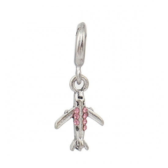 Picture of Zinc Based Alloy European Style Large Hole Charm Dangle Beads Airplane Antique Silver Pink Rhinestone 30mm(1 1/8") x 12mm( 4/8"), 5 PCs