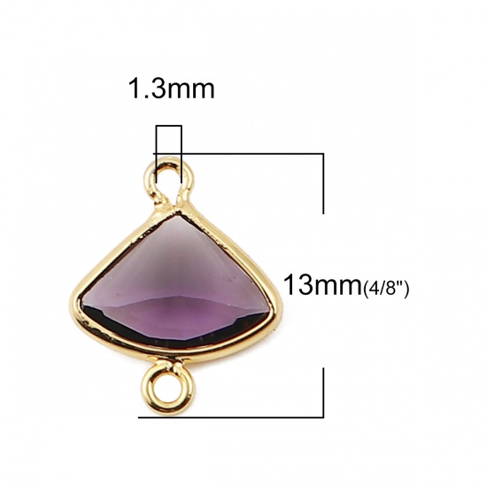 Picture of Brass Connectors Fan-shaped 18K Real Gold Plated Purple Rhinestone 13mm( 4/8") x 11mm( 3/8"), 3 PCs                                                                                                                                                           