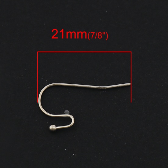 Picture of Brass Ear Wire Hooks Earrings For DIY Jewelry Making Accessories Real Platinum Plated 21mm x 11mm, Post/ Wire Size: (21 gauge), 20 PCs                                                                                                                        