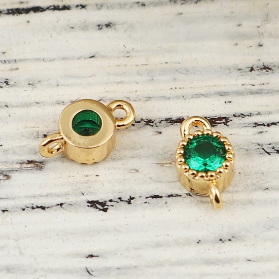 Picture of Brass Connectors Round 18K Real Gold Plated Green Rhinestone 7mm( 2/8") x 4mm( 1/8"), 3 PCs                                                                                                                                                                   