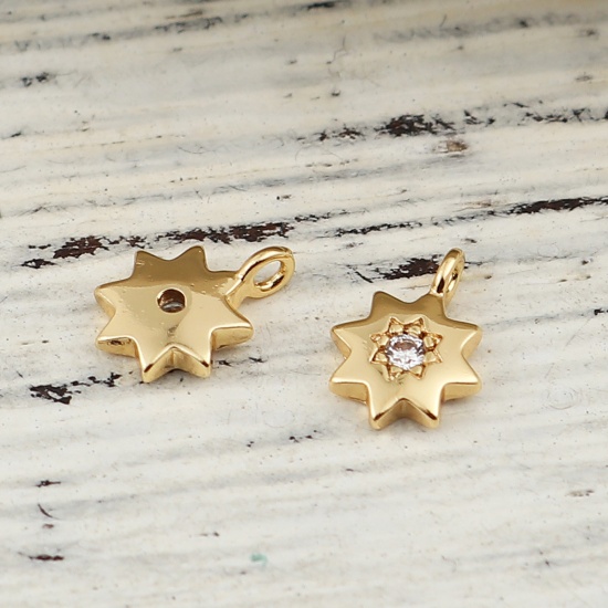 Picture of Brass Charms Polygon 18K Real Gold Plated Clear Rhinestone 8mm( 3/8") x 6mm( 2/8"), 3 PCs                                                                                                                                                                     