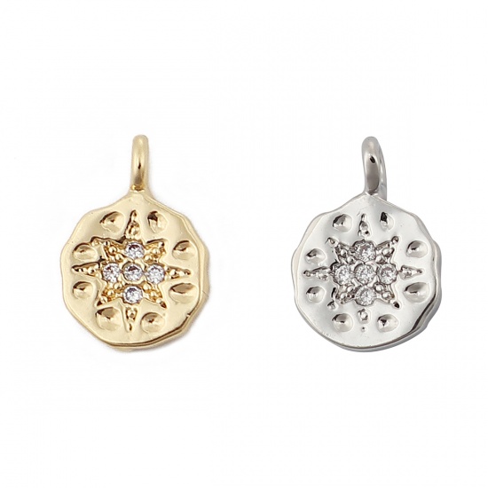 Picture of Brass Charms Round 18K Real Gold Plated Flower Clear Rhinestone 11mm( 3/8") x 8mm( 3/8"), 3 PCs                                                                                                                                                               