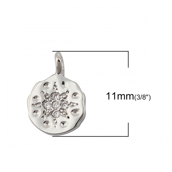 Picture of Brass Charms Round 18K Real Platinum Plated Flower 11mm( 3/8") x 8mm( 3/8"), 3 PCs                                                                                                                                                                            