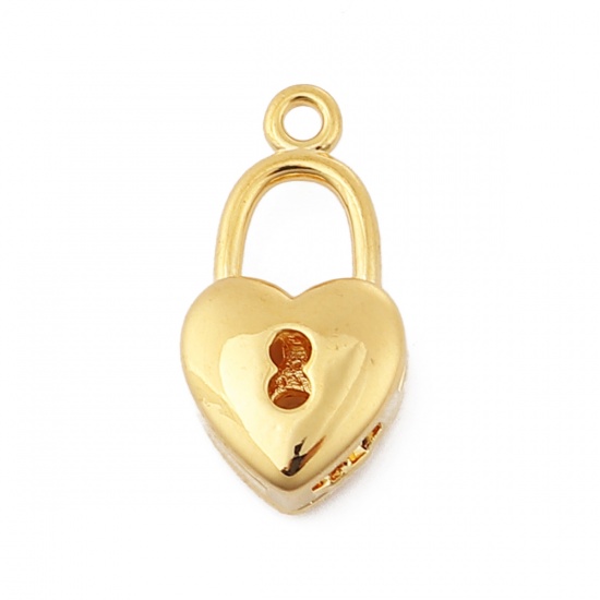 Picture of Brass Charms Lock 18K Real Gold Plated Heart 15mm( 5/8") x 8mm( 3/8"), 3 PCs                                                                                                                                                                                  