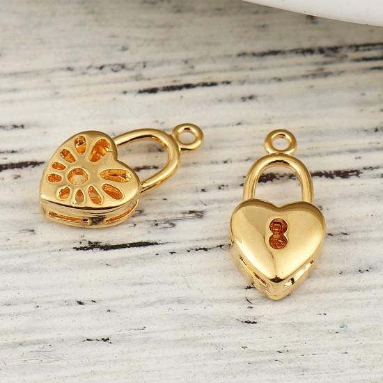 Picture of Brass Charms Lock 18K Real Gold Plated Heart 15mm( 5/8") x 8mm( 3/8"), 3 PCs                                                                                                                                                                                  